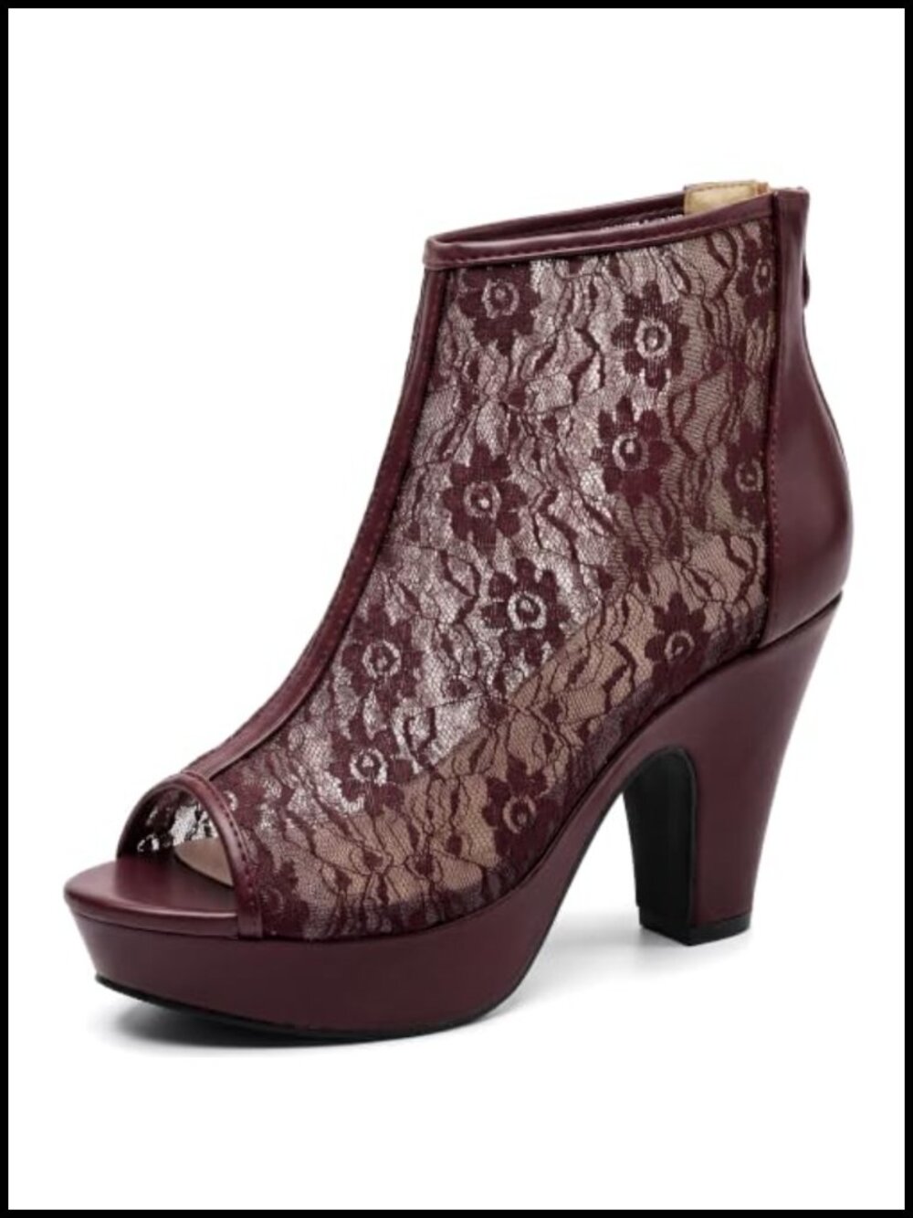 Faux Leather Lace Open Toe Platform Ankle Boots Block Heel Zip